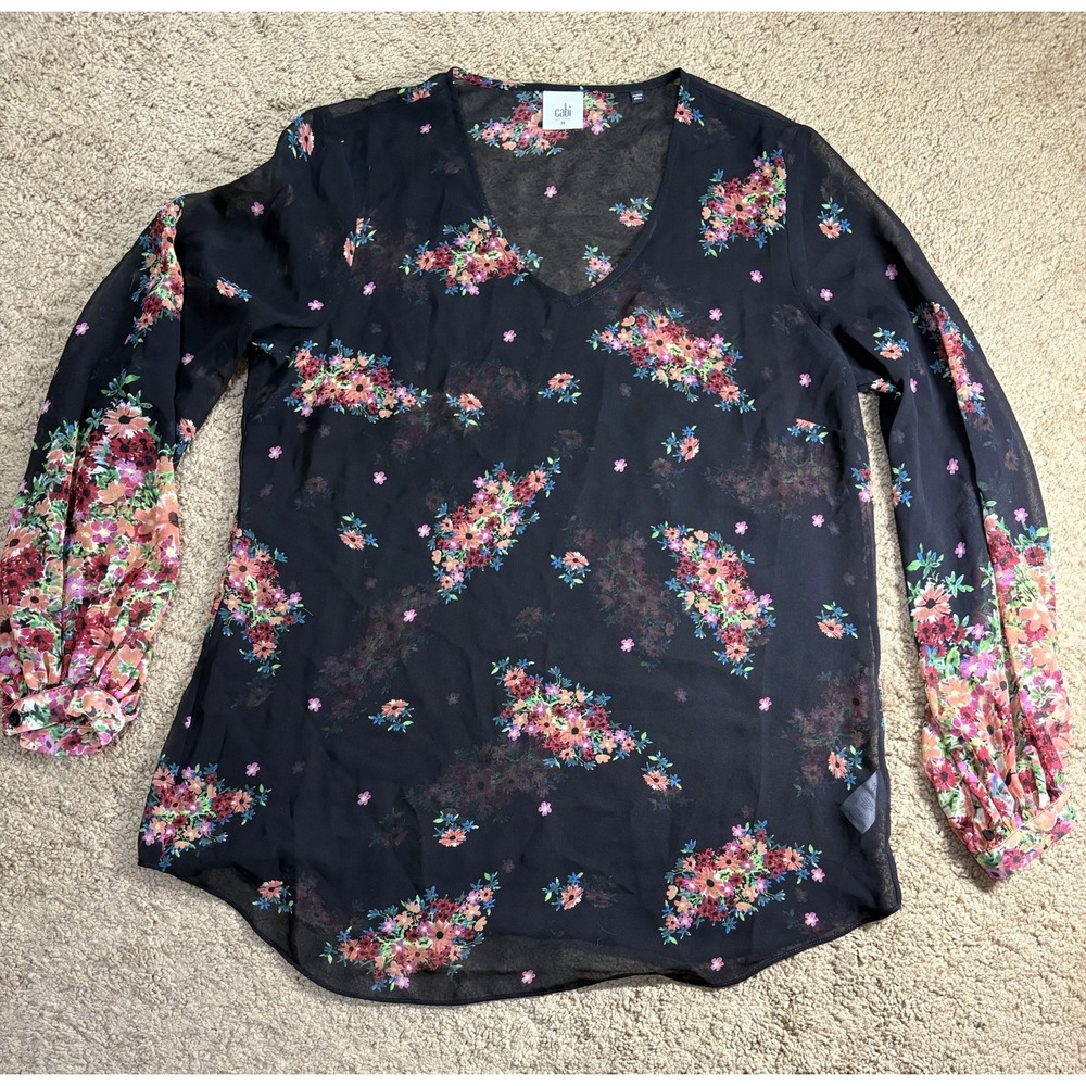 Cabi Blooming Sheer Puff Sleeve Floral Blouse Women‎ Medium V-Neck